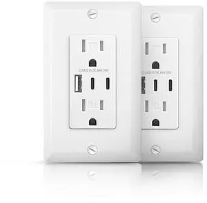 USB C Outlets Receptacles, 15 Amp Tamper Resistant Socket, 30W 6.0 Amp 3-Port USB Wall Outlet, Wall Plate Included, White, ETL Listed, 2 Pack