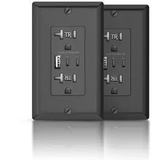 2Pack USB Wall Outlet, 30W 6.0 Amp Charging Power Outlet with Dual Type C & A Ports, 20A Tamper-Resistant Receptacle Plug, ETL & FCC Listed, Wall Plate Included, Black