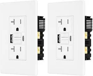 20AMP GFCI Outlet with 4.8A/24W Type A & Type C USB Charging Ports, Self-Test, Tamper Resistant, GFCI Receptacle Outlet, Screwless Wall Plate Include, ETL Listed, White 2Pack