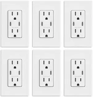 ELEGRP USB Outlet Receptacle, 30W Fast Charge & Power Delivery USB C Wall Outlet, 15 Amp Wall Outlet with USB C Ports, Tamper Resistant, UL Listed, Wall Plate Included, 6 Pack, Matte White