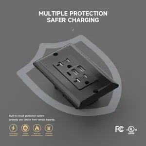 6.0A USB Wall Outlet, 20 Amp Tamper-Resistant Receptacle with 3 USB Ports, Charging for iPhone, Samsung, Google, LG, HTC, Android Devices, FCC & UL Listed, Black, 5Pack