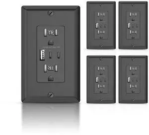 Black USB Outlet, 30W 6.0A USB Receptacles with Type A & Type C Ports, 15 Amp TR Receptacle Plug, Wall Plate Included, ETL Listed, Black, 5 Pack