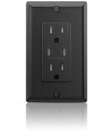 Black USB Receptacles, 65W Power Delivery USB C Electrical Socket for Laptop, 15 Amp Tamper-Resistant Outlet with Type C Ports, ETL & FCC Listed, Wall Plate Included, 1 Pack