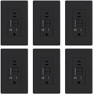 ELEGRP GFCI Outlet with USB Ports, 20 Amp Self-Test GFCI Combination with Dual USB C Ports, 24W Max Total Output, Tamper Resistant GFCI USB Outlet with Wall Plate, UL Listed, Matte Black, 6 Pack