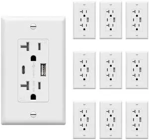 TOPGREENER USB Outlet, Type C USB Wall Outlet, 20 Amp Tamper-Resistant Receptacle Plug, USB Receptacle with 2 Ports, Wall Plate Included, UL Listed, TU22036AC-W-10PCS, White, 10 Pack