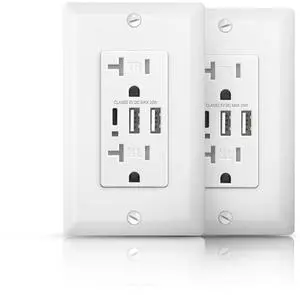 USB Wall Outlet, 30W 6 Amp in-Wall Charger with Type A & C USB Ports, 20A Tamper-Resistant Receptacle Plug, Wallplate Included, UL & FCC Listed, White, 2Pack