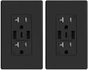 ELEGRP USB-C Wall Outlets - Matte Black, 3-Port 20 Amp TR Tamper-Resistant Outlets with USB-C Ports, Screwless Wall Plate Included, UL & CUL Listed, 2 Pack