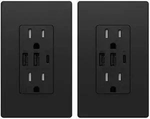 ELEGRP USB Outlets Receptacles, 3-Port Wall Outlet, 30W 6.0A Electrical Outlet, 15 Amp Tamper-Resistant Outlet with Type C Ports, UL Listed, Wall Plate Included, 2 Pack, Matte Black