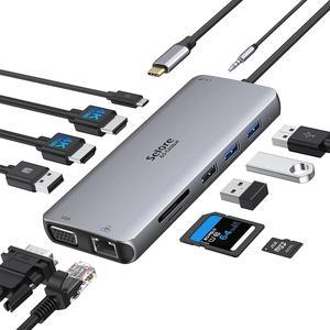 USB C Docking Station Dual Monitor, 12 in 1 USB C Hub Multiport Adapter with Dual 4K HDMI+100W PD Port+VGA+Ethernet+USB 3.0/2.0 to SD/TF Card Reader for MacBook, Dell, Surface and Lenovo Laptop