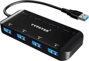 USB 3.0 Hub Splitter, 4-Port USB Extender Hub for Laptop, VVTOYER Multi USB Port Expander Adapter with Individual Power Switches