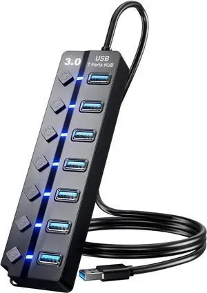 USB 3.0 Hub 7-Port USB Data Hub Splitter with 3ft Long Cable USB Extension for Laptop PC Computer Surface Pro PS4/5 Flash Drive Mobile HDD - with LED Individual On/Off