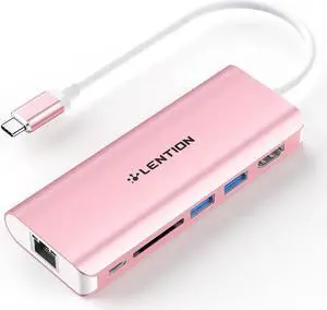 LENTION USB C Hub with 4K HDMI, SD Card Reader, 2 USB 3.0, Type C Charging & Ethernet Compatible 2023-2016 MacBook Pro, New Mac Air/Surface/Steam Deck, More, Stable Driver Adapter (CB-C68, Rose Gold)