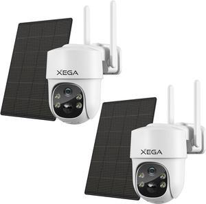 Xega 2 Pack Solar WiFi Security Camera Wireless Outdoor, Battery Powered PTZ 2.4Ghz WLAN Security Camera for Home with Spotlight Siren Motion Detection Pan Tilt Built-in Light TF/Cloud Storage IP66