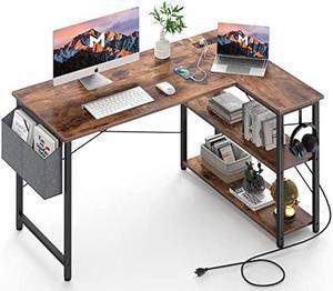 Mr IRONSTONE L Shaped Computer Desk with Power Outlet 47 Inch Corner Office Desk for Small Spaces with Storage Shelves Study Work Writing Table for Home Office Bedroom Rustic Brown