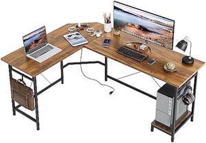 CAIYUN LShaped Gaming Desk with Storage BagsPower Outlets 64 Inch Corner Desk Bureau de Travail en L Computer Desk Work Writing Desk with Headphone Hooks for Home OfficeRustic Brown