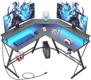 Gaming Desk 58 with LED Strip & Power Outlets, L-Shaped Computer Corner  Desk Carbon Fiber Surface with Monitor Stand, Ergonomic Gamer Table with  Cup Holder, Headphone Hook, Black 