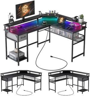 CubiCubi L Shaped Desk with USB Charging Port and LED 51 Reversible Corner Computer Desk with Storage Shelves Modern Home Office Gaming Table Black