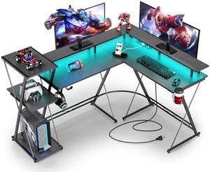 SEVEN WARRIOR L Shaped Gaming Desk 504 Reversible Computer Desk with LED Lights  Power Outlets Corner Desk with Storage Shelf  Monitor Stand L Shaped Desk with Cup Holder with Hooks Black