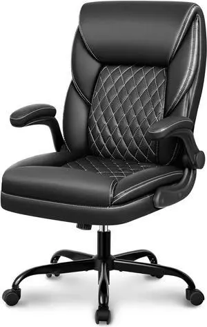 Office Chair, Executive Leather Chair Home Office Desk Chairs, Ergonomic Computer Desk Chair with Adjustable Flip-Up Arms, Lumber Support Swivel Task Chair with Rocking Function (Black)