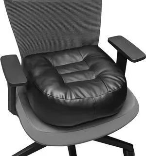 Leather Seat Cushion Extra-Thick Booster for Office Chair to Rise Height - Full Filling for Support - with Breathable Cover, Handle and Buckle - Relieves Back Pain  18"x16"x6" (Black)