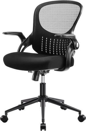 Office Computer Gaming Desk Chair, Ergonomic Mid-Back Mesh Rolling Work Swivel Chairs with Flip-up Arms, Comfortable Lumbar Support, Comfy Arms for Home, Bedroom, Study, Student, Adults, Black