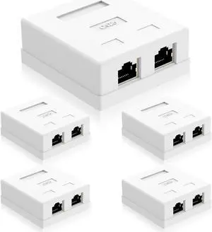 VCELINK RJ45 Surface Mount Box Shielded 2-Port, Compatible with UTP Cat6/Cat5e/Cat5 Stranded or Solid Network Cables, 5-Pack, White