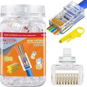 PETECHTOOL RJ45 CAT6 Connector End Pass Through Ethernet Cat6 Ends 8P8C Modular Plug for Solid or Stranded UTP Ethernet Cable  100 Packs - with Wire Stripper