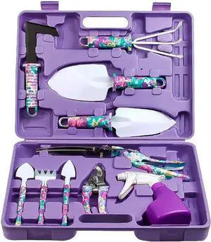 Jhua Garden Tool Set, 10 Pieces Gardening Tools Kit with Purple Flower Print, Ergonomic Handle Trowel Rake Weeder Pruner Shears Sprayer, Garden Hand Tools with Carrying Case Gardening Gifts for Women