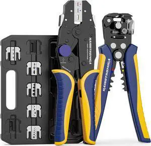 8PCS Rapid Replace Ratchet Crimping Tool Set with Pressure Regulating, Automatic Wire Stripper Heat Shrink, Non-Insulated, Open Barrel, Solar, Ferrule Connectors