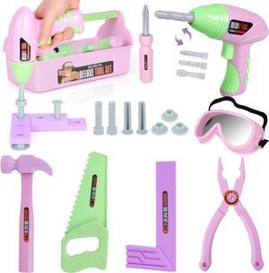 EP EXERCISE N PLAY 18 Pieces Kids Tool Set Pretend Play Construction Tool Accessories with a Tool Box Including Toy Electric Drill (Pink)