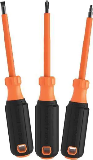 85073INS Insulated Screwdriver Set Made in USA features 1000V Phillips Slotted and Square Tips Cushion Grip Handles 3-Piece