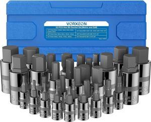 VORXEON 32Pcs SAE and Metric Allen Hex Bit Socket Set, 50BV30 CR-V Drive Socket and S2 Alloy Steel Bit with Storage Case, 2MM-19MM & 5/64 - 3/4, 3 Sizes 1/4 3/8 1/2 Inch