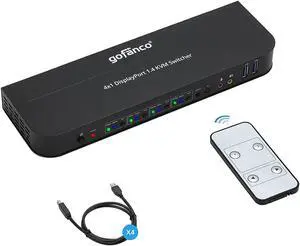gofanco 4 Port DisplayPort KVM Switch with USB 3.0  DisplayPort 1.4, 4K @60Hz 4:4:4, HDR, HDCP 2.2/1.4, USB Keyboard/Mouse, USB 3.0 Hub, MIC in, Stereo Out, IR Remote, Hotkeys (KVMDP-4P)