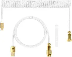 Custom Coiled USB C to A Cable for Gaming Keyboard,Double-Sleeved Starlight Braided Cable with Detachable Metal Aviator 24K Gold Connector 1.7M-2.2M for Phone/PS4/Android/Xbox-White