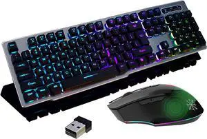 Charging Keyboard Mouse, Mechanical Feel Backlit Gaming Keyboard Mouse Set Wireless 2.4G Drive Free,Adjustable Breathing Lamp,Anti-ghosting,12 Multimedia Keys (Black-RGB)