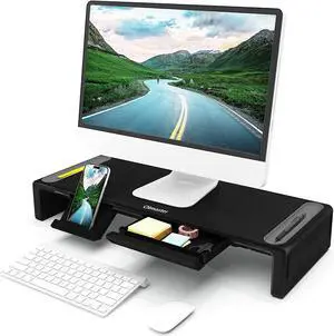 Monitor Stand Riser, Foldable Computer Monitor Riser, Adjustable Length Computer Stand and Storage Drawer & Pen Slot, Phone Stand Compatible Computer, Desktop, Laptop, Save Space (Black)