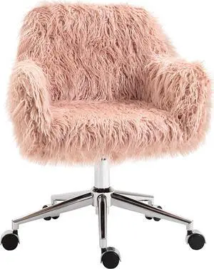 Vinsetto Faux Fur Desk Chair, Swivel Vanity Chair with Adjustable Height and Wheels for Office, Bedroom, Pink