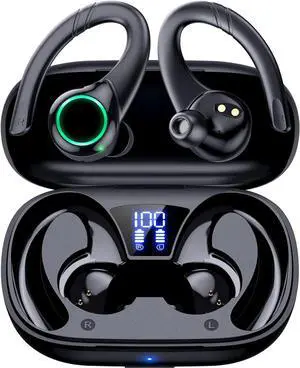 PUREROYI Bluetooth Headphones Wireless Earbuds, 100Hrs Playback Over Ear Earphones with Earhooks, Dual-LED Display, IPX7 Waterproof, Ear Buds Built-in Mic Headset for Sports Running Workout Black