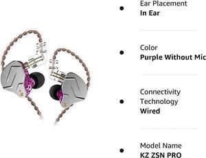 erjigo KZ ZSN Pro Dynamic Hybrid Dual Driver in Ear Earphones Detachable Tangle-Free Cable Musicians in-Ear Earbuds Headphones (Purple Without Mic)