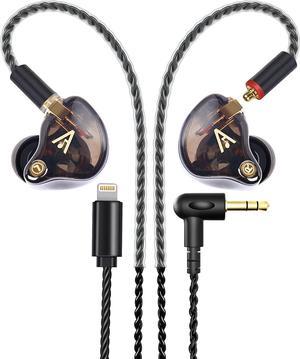 Audiovance Vibes 201L Wired Earbuds in Ear Headphones, with 3.5mm to Lightning Adapter for iPhone, Noise Cancelling Bass Driven, Secure & Comfort Fit, Braided Cord, Carry Case (Clear Brown, No Mic)