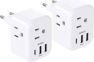 2 Pack European International Power Plug Adapter with 3 Outlets 3 USB Charging Ports(1 USB C), Travel Essentials to Italy,Greece,Israel,France, Spain (Type C)