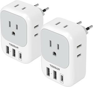 2 Pack European Plug Adapter USB C US to Europe Plug Adapter with 4 Outlets 3 USB Charger Type C Power Adaptor to Italy Spain France Portugal Iceland Germany Gray White