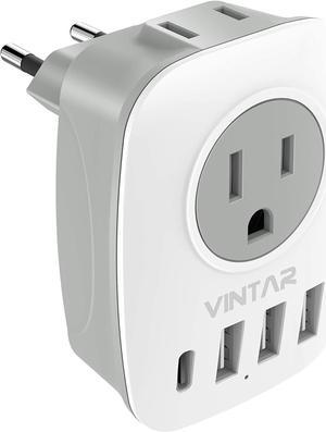 European Travel Plug Adapter, VINTAR International Power Plug Adapter with 1 USB C, 2 US Outlets and 3 USB Ports, 6 in 1 Travel Essentials to Most of Europe Greece, Italy(Type C)