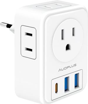 European Travel Plug Adapter International Power Plug Adapter with 3 USB Ports (1 USB C) 4 AC Outlets Cruise Ship Essentials for US to Most of Europe Spain Italy France Germany