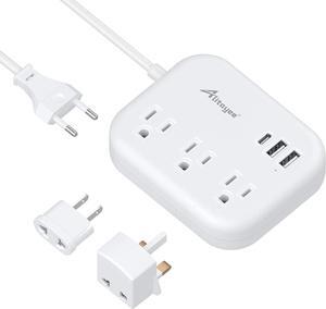 European Travel Plug Adapter EU/UK/US Travel Power Strip with 3 Outlets 3 USB Ports International Universal Plug Adapter with 3ft Extension Cord to EU UK Italy Spain France Germany Cruise