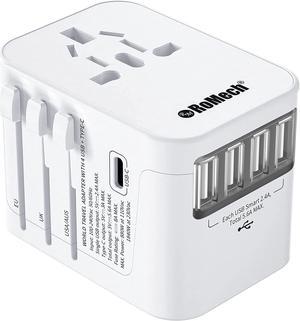 Universal Travel Adapter 5.6A Smart Power International Plug Adaptor AC Wall Charger for Global Travelling USA Europe EU UK AUS (Type C + Four Type A White)