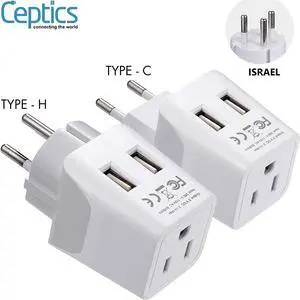 Ceptics Israel, Palestine Travel Plug Set - with 2 USB + USA Socket Input - Type H and Type C- Ultra Compact - Safe Grounded Perfect for Cell Phones, Laptops, Camera Chargers Ceptics Israel, Palestine Travel Plug Set - with 2 USB + USA Socket Input - Type H and Type C- Ultra Compact - Safe Grounded Perfect for Cell Phones, Laptops, Camera Chargers