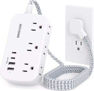 Flat Extension Cord, 5FT Flat Plug Power Strip with USB C, 6 Outlets 4 USB Port(2 USB C), No Surge Protector, Cruise Ship, Dorm Room Travel Essentials