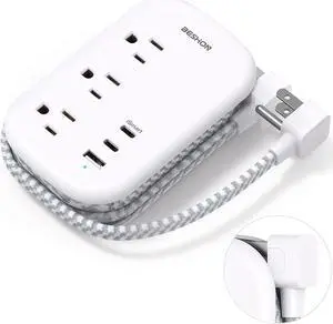 BESHON Flat Plug Power Strip, 3 Outlets with 3 USB Ports(2 USB C), Ultra Flat 3.2ft Wrapped Around Extension Cord for Cruise Ship, Travel, Dorm Room Essentials