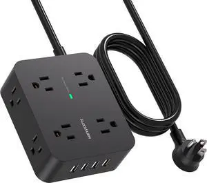 Power Strip Surge Protector, 5 Ft Exetnsion Cord with Multiple Outlets, Multi Plug Outlet Extender with 4 USB Ports, Flat Plug, Wall Mount Desk for Home Office Dorm Room Essentials, ETL Listed, Black